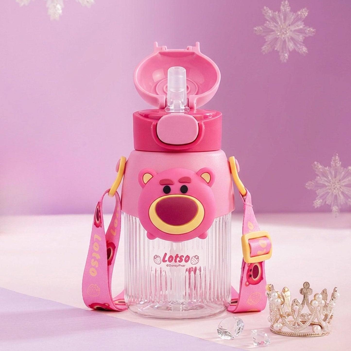 Disney Lotso BPa free drink water bottle straw +direct drink 580ml+ strap